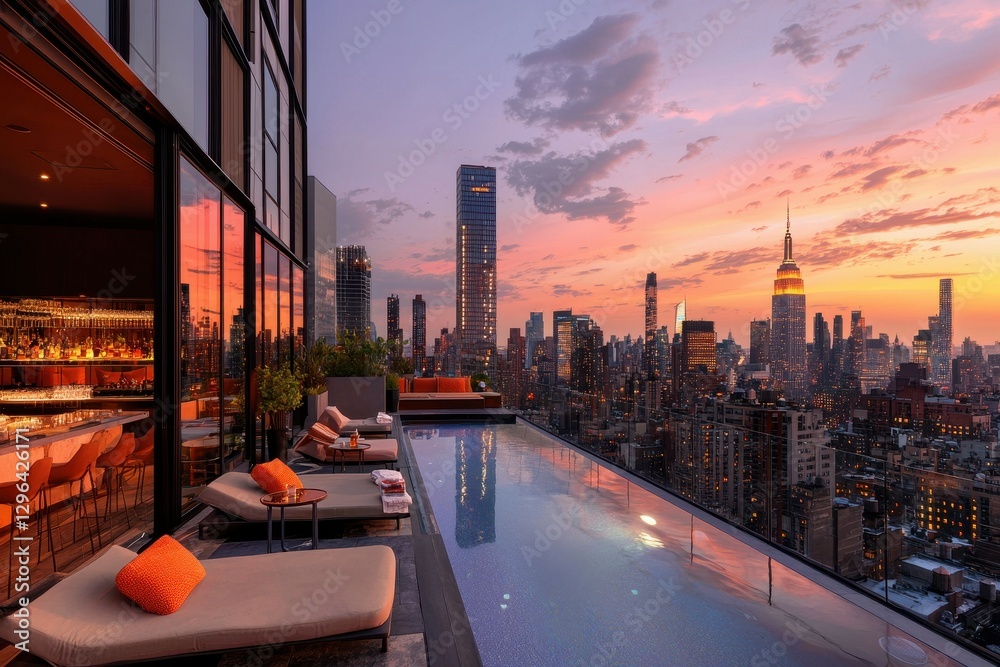 Fototapeta premium A rooftop infinity pool with stylish lounge chairs, a cocktail bar, and a panoramic view of the city at sunset.