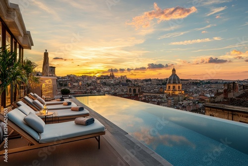 A rooftop infinity pool with stylish lounge chairs, a cocktail bar, and a panoramic view of the city at sunset.