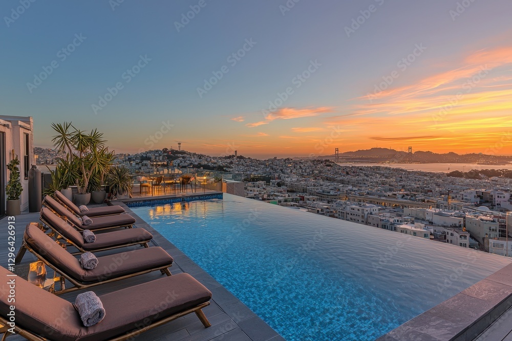 Fototapeta premium A rooftop infinity pool with stylish lounge chairs, a cocktail bar, and a panoramic view of the city at sunset.