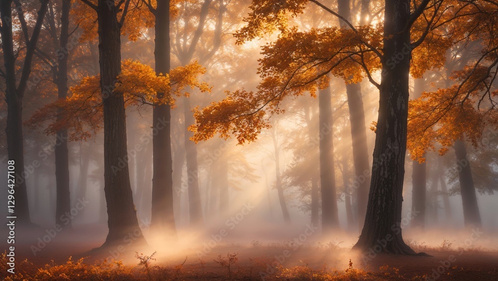 Fototapeta premium Golden autumn light filters through a misty forest illuminating vibrant foliage in a serene landscape