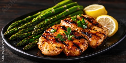 A plate of grilled chicken and asparagus with a lemon wedge on the side. The plate is black and the food is brown