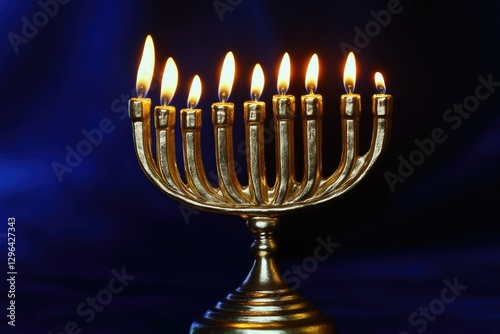 A beautiful gold menorah with nine lit candles on it. The candles are evenly spaced and the menorah is placed on a blue background. The warm glow of the candles creates a serene
