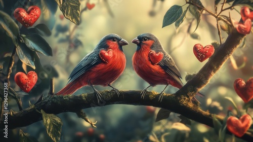 Escena de San ValentÃ­n de pÃ¡jaros sobre ramas de Ã¡rboles con sÃ­mbolos de corazones. DiseÃ±o colorido para carteles o postales de San ValentÃ­n, enamorados, parejas y regalos. photo