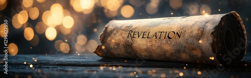 Close-up of an ancient rolled parchment with the word REVELATION highlighted in gold on a wooden table
