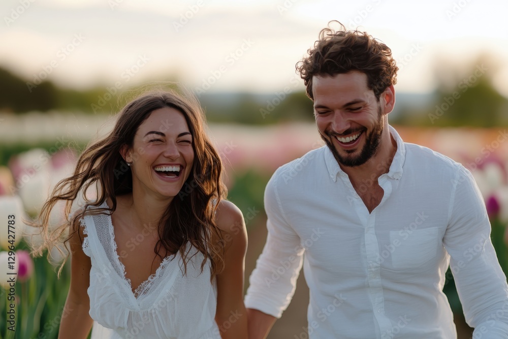 A joyful couple holds hands and laughs together in a vibrant flower field, embodying happiness, connection, and the beauty of shared moments in nature's embrace. A joyful couple holds hands and laughs together in a vibrant flower field, embodying happiness, connection, and the beauty of shared moments in nature's embrace.