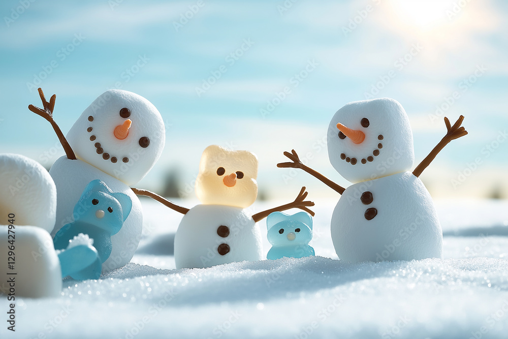 group of adorable snowmen made from marshmallows and candies, joyfully posed in snowy landscape under bright sky. Their cheerful expressions bring sense of warmth and fun to winter scene group of adorable snowmen made from marshmallows and candies, joyfully posed in snowy landscape under bright sky. Their cheerful expressions bring sense of warmth and fun to winter scene