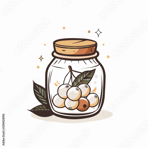 Jar of preserved fruits with leaves, vibrant freshness