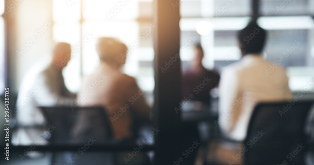 Fototapeta premium Business people, meeting and corporate discussion against a blurred background at the office. Group of employees in team planning, presentation or training staff for collaboration at the conference