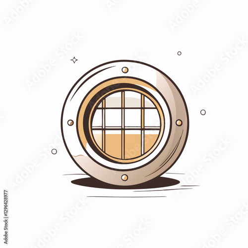 Illustration of a round porthole with grid, nautical adventure concept
