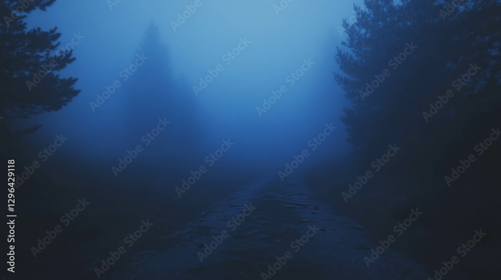 Fototapeta premium Mysterious forest pathway with swirling fog and soft eerie light atmosphere