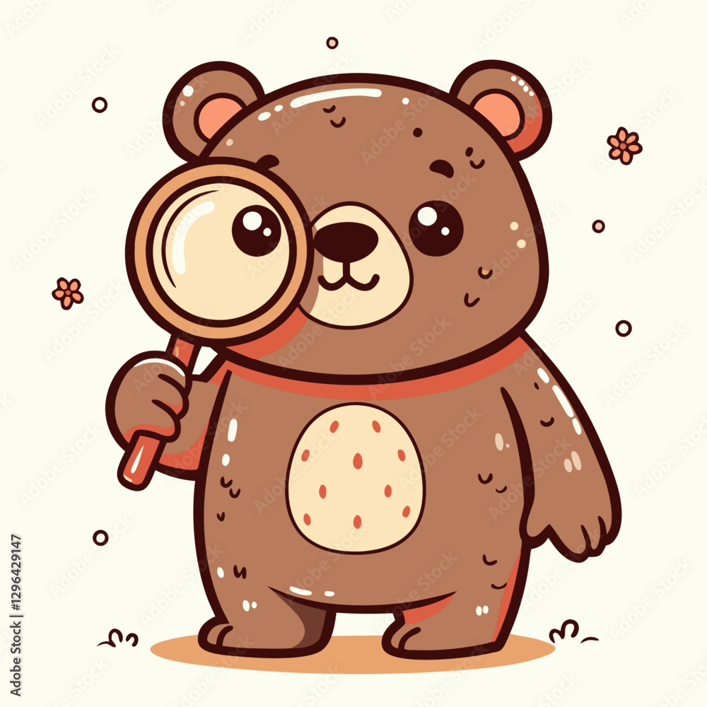 Fototapeta premium Curious cartoon bear holding magnifying glass, playful exploration