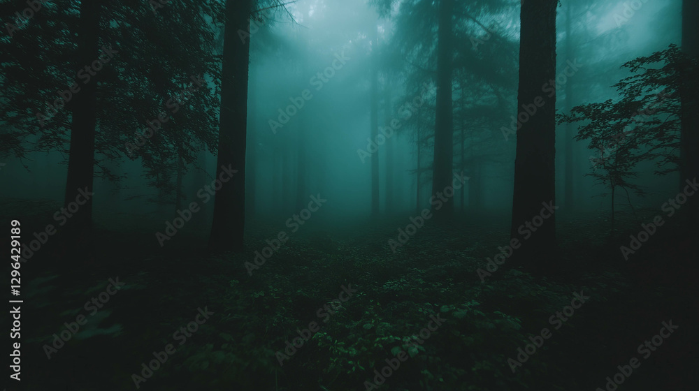 Obraz premium Mysterious forest with swirling fog and soft eerie light