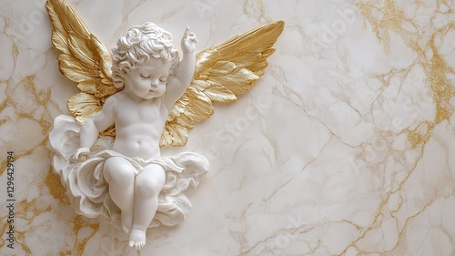Golden winged cherub on marble background: elegant artistic decor