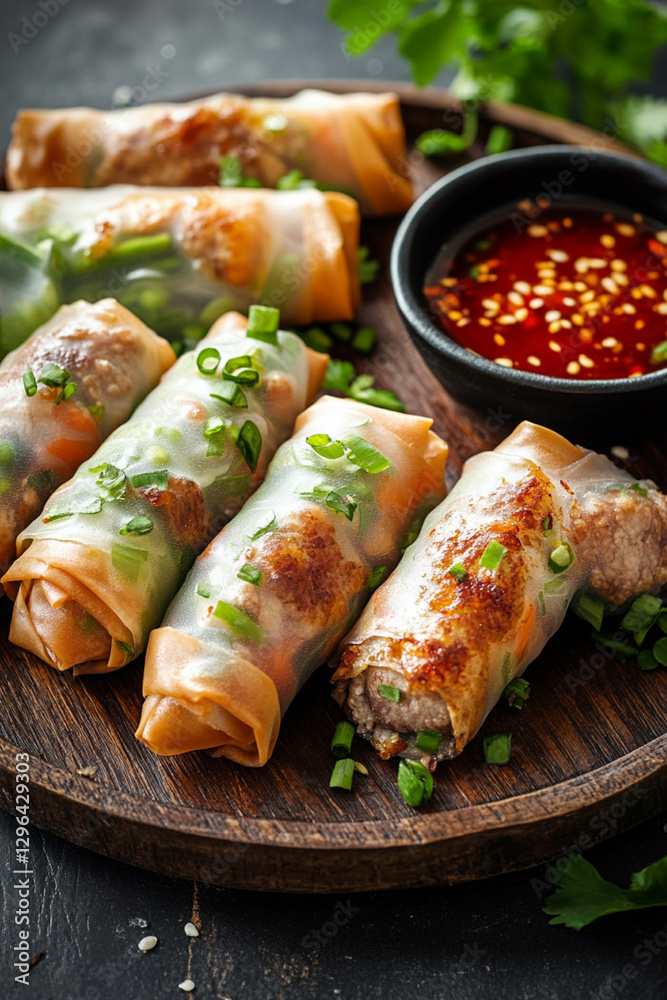 Traditional spring rolls with vegetables and meat, served with hot sauce Traditional spring rolls with vegetables and meat, served with hot sauce