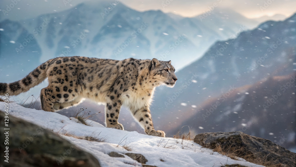 Majestic snow leopard walking on snowy terrain with mountains in background Majestic snow leopard walking on snowy terrain with mountains in background