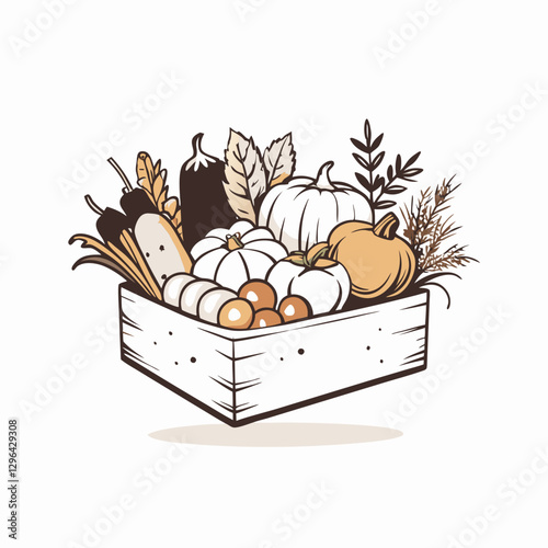 Harvest basket filled with pumpkins and vegetables, autumn bounty