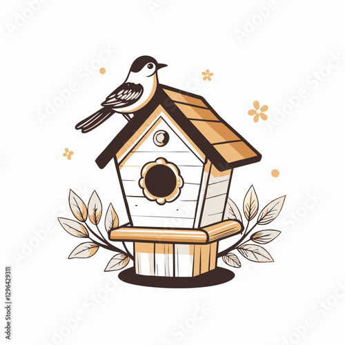 Charming birdhouse with perched bird surrounded by foliage, nature's beauty