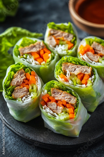 Traditional spring rolls with vegetables and meat, served with hot sauce