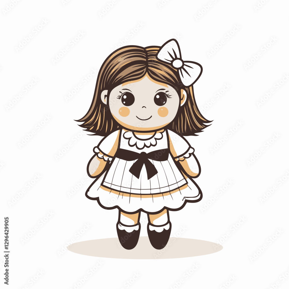 Charming doll character smiling in cute dress, playful imagination Charming doll character smiling in cute dress, playful imagination
