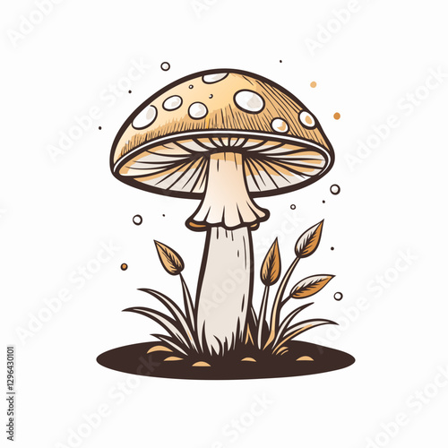 Illustration of polka-dotted mushroom surrounded by grass, nature's beauty