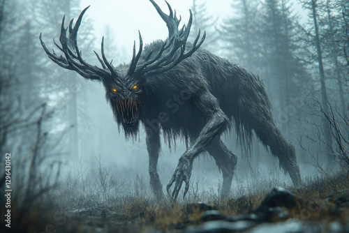 Misty Forest Backdrop: Stag Skull Creature, Glowing Eyes, Native Lore photo