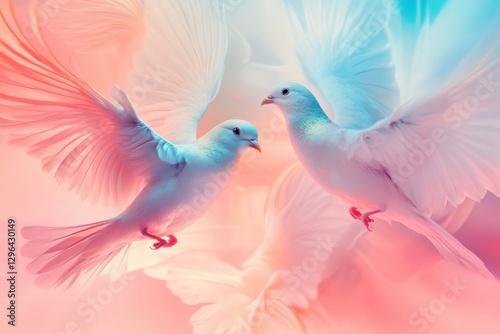 Two white doves flying together in a pastel colored sky at dawn. Generative AI