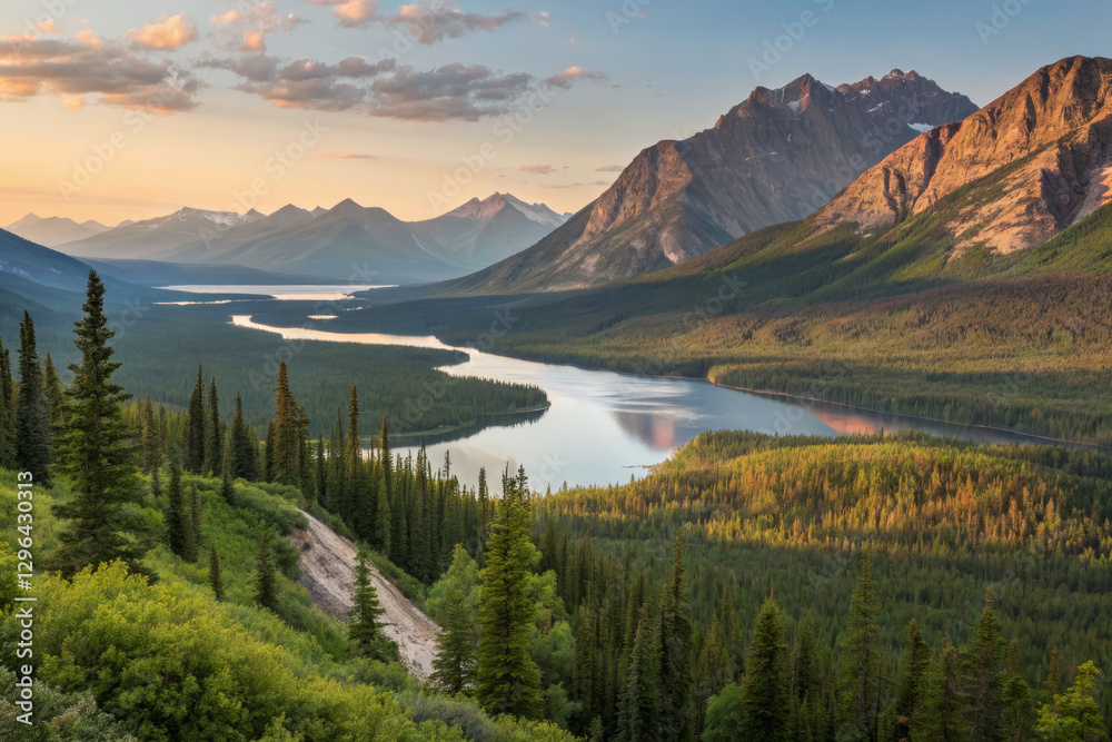 Fototapeta premium Breathtaking mountain landscape with serene river at sunset