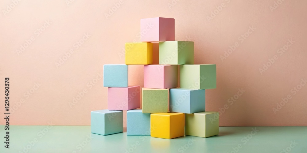 Pastel-colored blocks arranged in a pyramid shape against a peach-colored backdrop, minimalist studio shot of colorful cubic objects Pastel-colored blocks arranged in a pyramid shape against a peach-colored backdrop, minimalist studio shot of colorful cubic objects