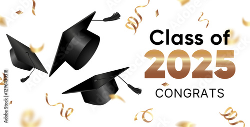 Class of 2025 graduation Festive design with black mortarboard caps tossed with gold confetti. Graduation concept banner, nnouncements, invitations, social media, and congratulatory cards.Vector