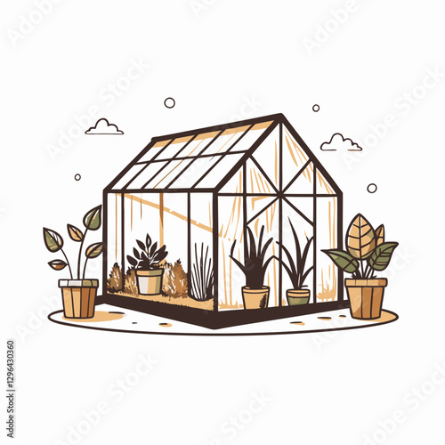 Stylish greenhouse with potted plants, nurturing growth and nature