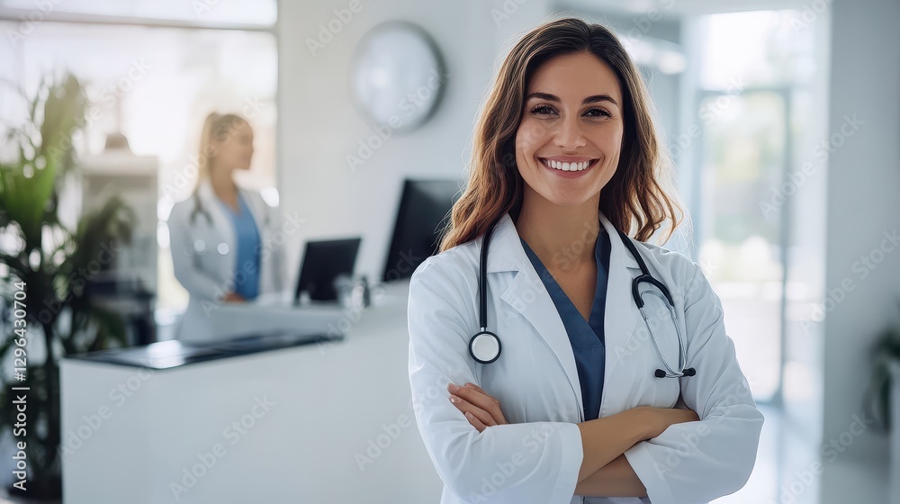A doctor with a warm smile and kind eyes stands behind a welcoming reception desk in a bright and modern medical practice, ready to greet patients and provide exceptional care. A doctor with a warm smile and kind eyes stands behind a welcoming reception desk in a bright and modern medical practice, ready to greet patients and provide exceptional care.