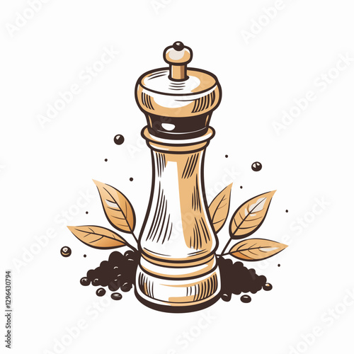 Spice grinder with leaves and peppercorns, culinary essence