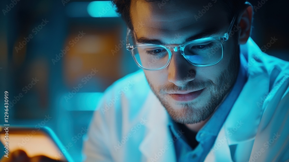 A young, handsome physician, his white coat and glasses reflecting the soft glow of the screen, smiled as he meticulously examined a patient is medical records on his smartphone, his brow furrowed in A young, handsome physician, his white coat and glasses reflecting the soft glow of the screen, smiled as he meticulously examined a patient is medical records on his smartphone, his brow furrowed in