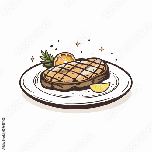 Grilled steak with lemon and garnish on plate, delicious dining