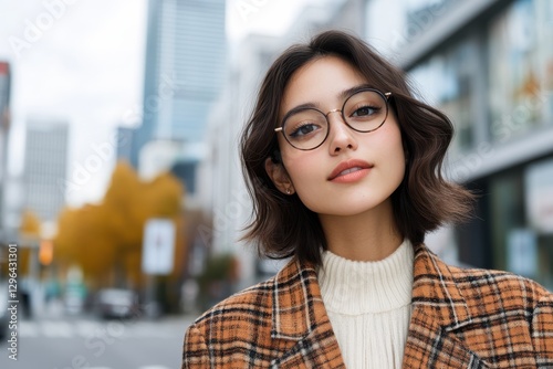 A stylish young woman poses confidently with glasses in a city backdrop, showcasing modern fashion and urban lifestyle that resonates with self-assurance and elegance. photo