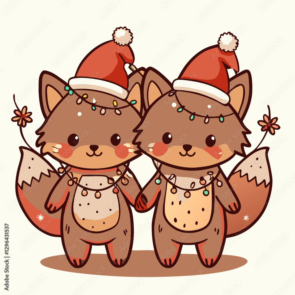 Obraz premium Cute cartoon fox twins celebrating Christmas, festive joy