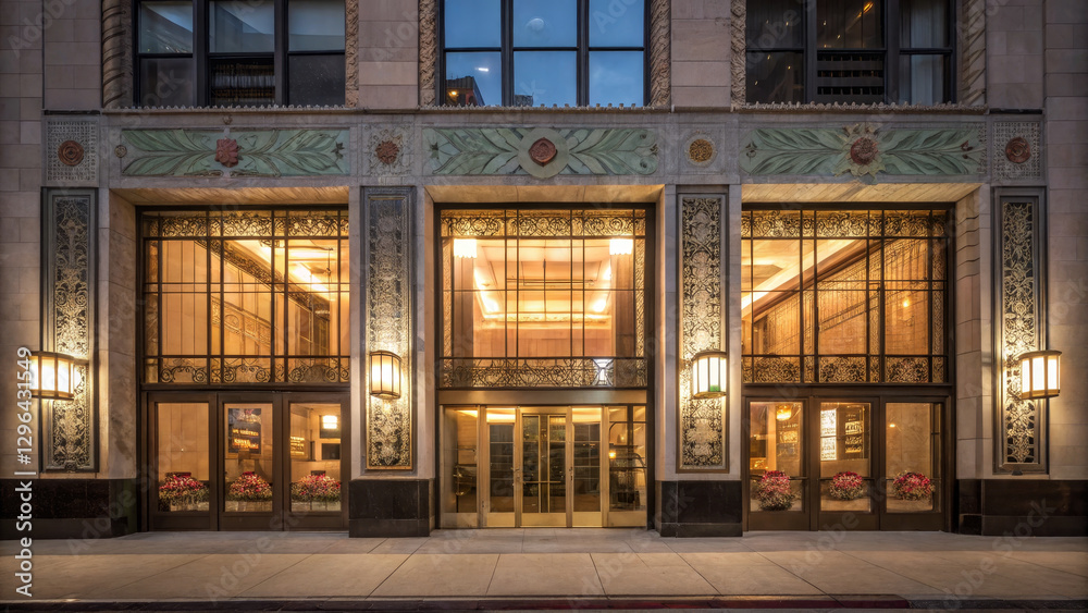 Elegant building facade with decorative elements and warm lighting