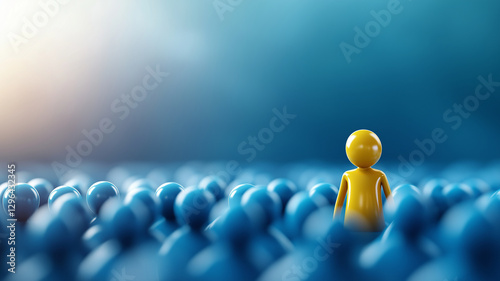 yellow figure stands out among sea of blue figures, symbolizing individuality and uniqueness in crowd. contrasting colors create striking visual impact