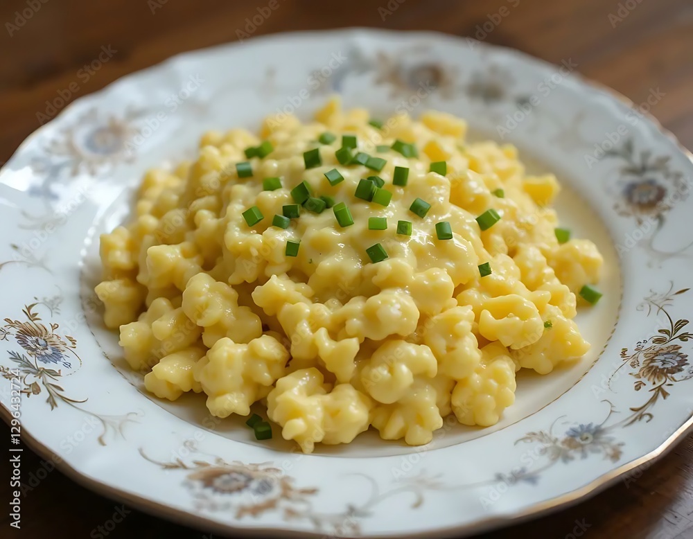 Serving of Spaetzle Pasta with Cheese and Chives on Decorative Plate Serving of Spaetzle Pasta with Cheese and Chives on Decorative Plate