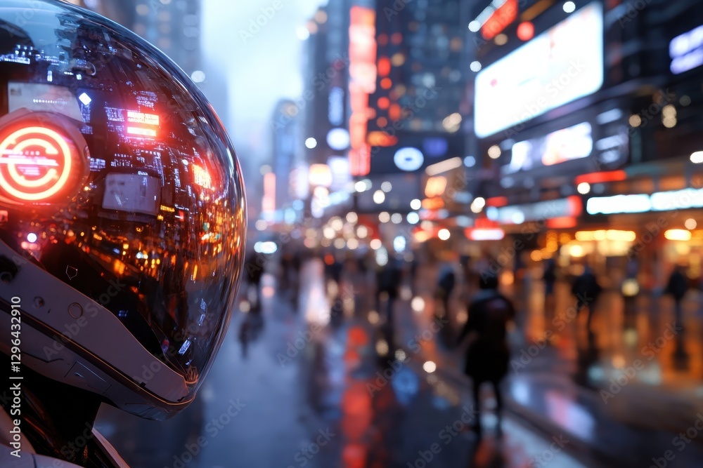 Fototapeta premium A sleek robot with a reflective surface stands out in a bustling city backdrop, encapsulating the modern relationship between technology and urban identity.