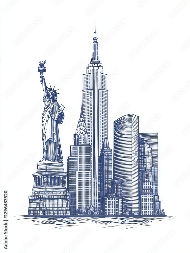 Naklejka premium USA skyline with national famous landmarks in trendy linear style. Worldwide traveling vector concept, touristic tour advertising with american historic architectural attractions on white background.