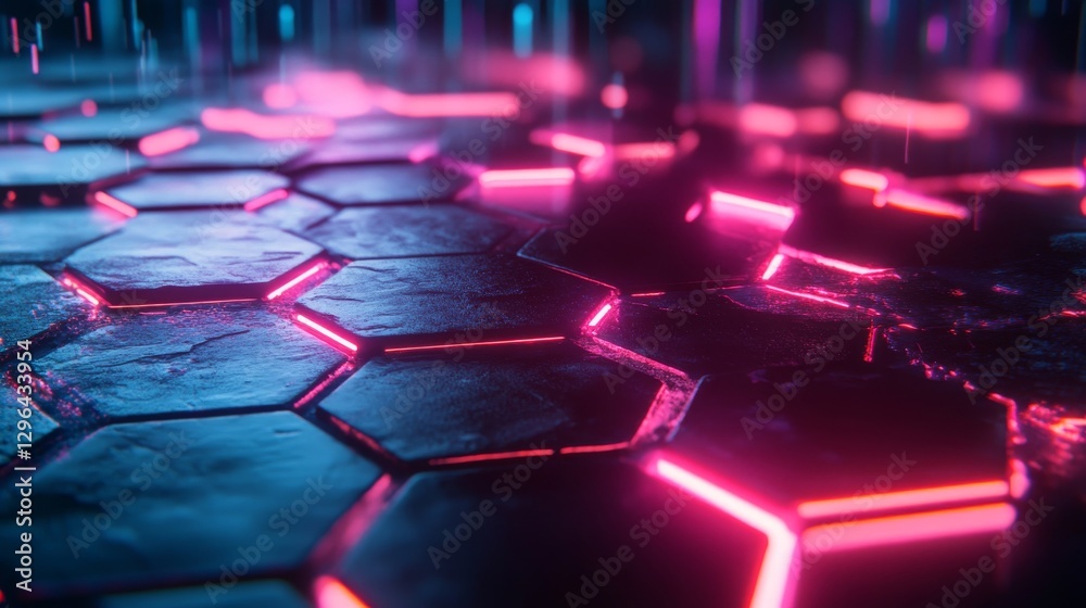 Fototapeta premium Illuminated hexagonal surface with neon red and blue light effects
