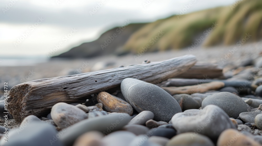 Weathered Driftwood on Pebble Beach with Soft Ocean Waves Weathered Driftwood on Pebble Beach with Soft Ocean Waves