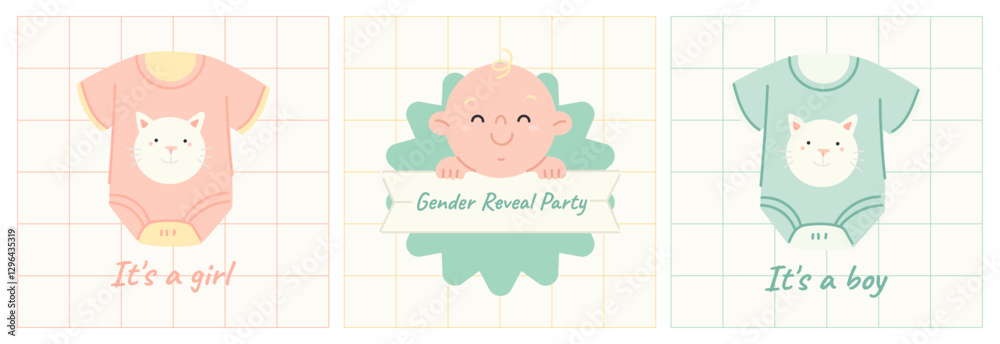 Cute Gender Reveal Party Invitation with Baby and Onesies Cute Gender Reveal Party Invitation with Baby and Onesies