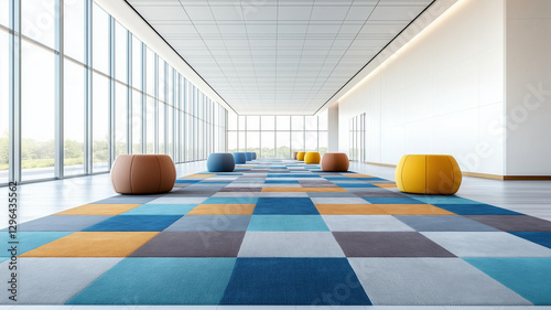 Modern office interior featuring colorful carpet flooring and seating. vibrant design enhances workspace, creating lively and inviting atmosphere