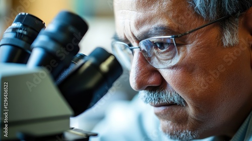 A seasoned scientist, his eyes twinkling with curiosity, meticulously examined a meticulously prepared specimen under the watchful gaze of a powerful microscope, his brow furrowed in concentration as