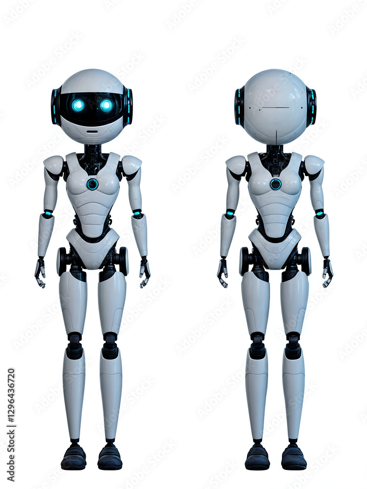 A collection of futuristic humanoid robots featuring sleek white and black designs, with advanced features like glowing eyes and blue accents. These robots represent the future of artificial intellige A collection of futuristic humanoid robots featuring sleek white and black designs, with advanced features like glowing eyes and blue accents. These robots represent the future of artificial intellige