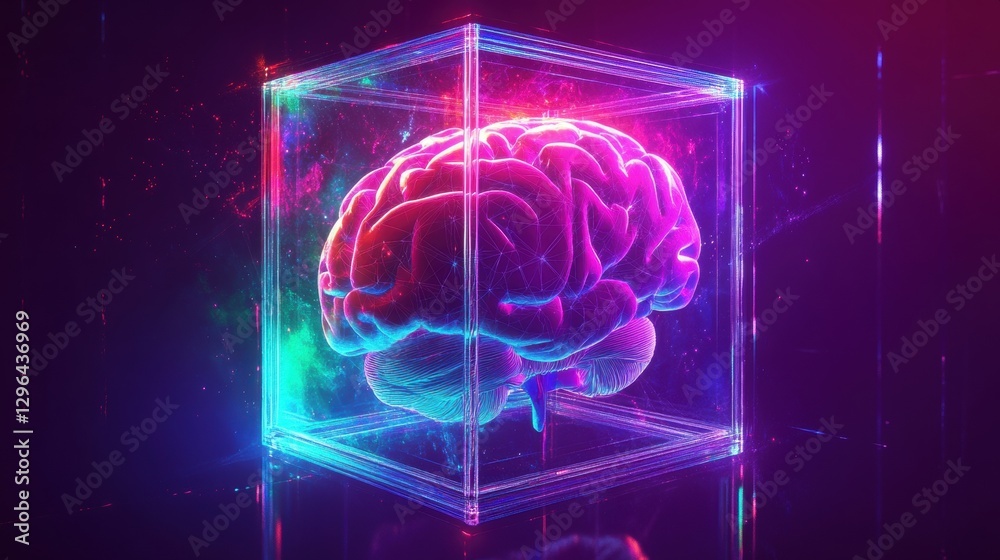 Obraz premium A 3D rendering of a human brain encased in a transparent cube.