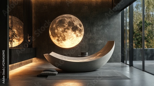 Atmospheric modern space with a sculpted moon bas-relief centerpiece, radiating soft LED warmth. A peaceful retreat. 3D rendering