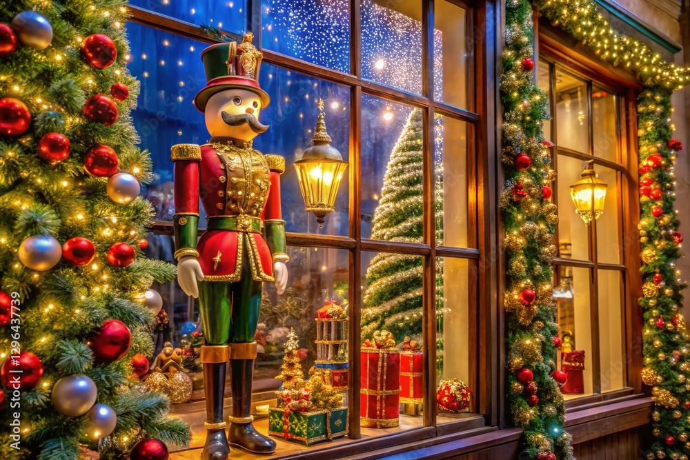 Fototapeta premium Festive Night Window Display: Nutcracker Christmas Scene